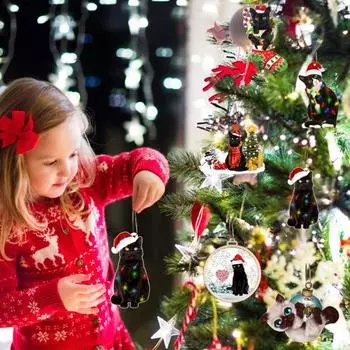 Подвеска в виде кошки на Рождество, 2D акриловое подвесное украшение, шапка Санты, украшение на рождественскую елку в виде кошки для каминного окна, подарок любителям кошек R