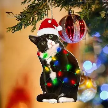 Подвеска в виде кошки на Рождество, 2D акриловое подвесное украшение, шапка Санты, украшение на рождественскую елку в виде кошки для каминного окна, подарок любителям кошек D