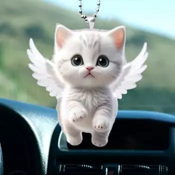 Подвеска в виде кота-ангела, украшение для зеркала заднего вида, украшение для автомобиля, милый белый кулон в виде котенка с ремешком, причудливое очарование Cat