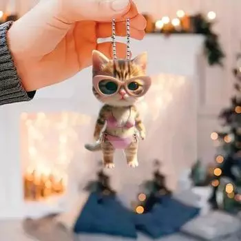 Подвеска в виде котенка, 2D, плоский акриловый мультяшный кот, украшение в виде бикини, котенок с солнцезащитными очками, брелок, кулон на рождественскую елку, подарок для любителей кошек Cat