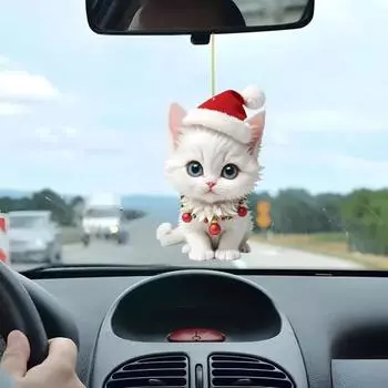 Подвеска в виде котенка со шляпой, подвесное украшение для зеркала заднего вида автомобиля, акриловое мультяшное украшение для салона автомобиля, рождественский подарок Cat