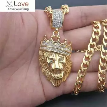 Подвеска в виде льва из нержавеющей стали, цепочка с головой, блестящая корона, золотое ожерелье в виде льва для мужчин/женщин, хип-хоп ювелирные изделия, прямая поставка 48cm