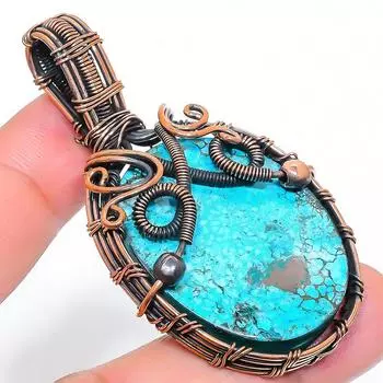 Подвеска в виде медной проволоки с натуральным тибетским бирюзовым драгоценным камнем 2,56 дюйма v9E57