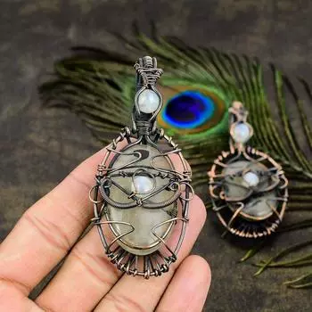 Подвеска в виде медной проволоки с натуральным пренитом, лунным камнем, 3,35 дюйма, M1S00