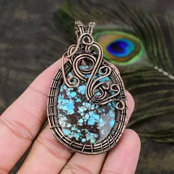 Подвеска в виде медной проволоки с натуральным тибетским бирюзовым драгоценным камнем 2,96 K9w88