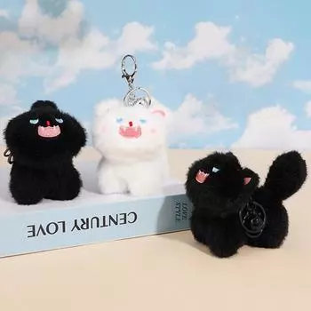 Подвеска в виде плюшевой куклы-котенка, забавная, милая, счастливая, кошка, мягкая цепочка для ключей, модная сумка, кулон, подарок на день рождения для пары чёрный