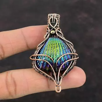 Подвеска в виде ракушки с титановым покрытием, медная проволока, кулон с драгоценным камнем, удивительные ювелирные изделия из проволочной обмотки, уникальный кулон ручной работы, медные украшения для подарка