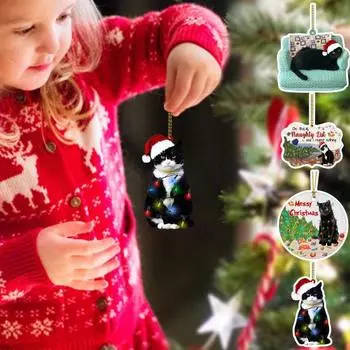 Подвеска в виде рождественского кота, мультяшный кот с украшением в виде шапки Санты, 2D-украшение на елку из плоского акрила D