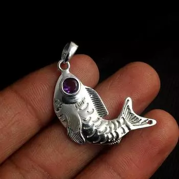Подвеска в виде рыбки с аметистом, Серебряные подвески, Серебро 925 пробы, Модные украшения, Твердый кулон фиолетовый