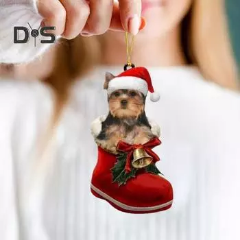 Подвеска в виде собаки на Рождество, собака в сапоге Санты, подвесное украшение, 2D, плоская акриловая подвеска для рождественской елки, домашний декор, подарок любителям собак A