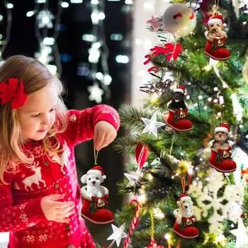 Подвеска в виде собаки на Рождество Собака в сапоге Санты Подвесное украшение 2D Плоский D