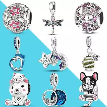 Подвеска в виде стрекозы, бульдога, дельфина, бусины из серебра 925 пробы, оригинальный браслет с подвесками своими руками, милый медвежонок, пчела и мед, подвески