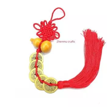 Подвеска в виде тыквы из персикового дерева с китайским узлом «Пять императоров» — настоящий медный автомобильный шарм