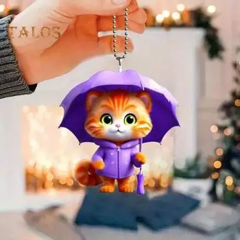 Подвеска в виде зонтика в виде кота на зеркало заднего вида автомобиля, 2D акриловое украшение для автомобиля, мультяшное подвесное украшение для интерьера автомобиля, ключей для окон дома Cat