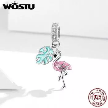 Подвеска WOSTU из стерлингового серебра 925 пробы, летняя розовая эмаль, подвеска с фламинго, подвеска для браслета 925 silver
