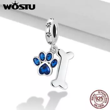 Подвеска WOSTU из стерлингового серебра 925 пробы в виде собачьей лапы и кости, подходит для самостоятельного изготовления браслета или браслета, синие циркониевые подвески в виде лапы, ювелирные изделия 925 silver синий