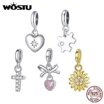 Подвеска WOSTU из стерлингового серебра 925 пробы с изображением подсолнуха, креста и банта любви для оригинальных тонких браслетов, размер апертуры 4,8 мм D серебряный