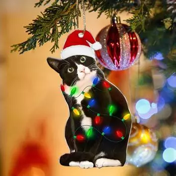 Подвеска Yousheng Cat Christmas, 2D акриловое подвесное украшение, шапка Санты, украшение на рождественскую елку для каминного окна, подарок любителям кошек F