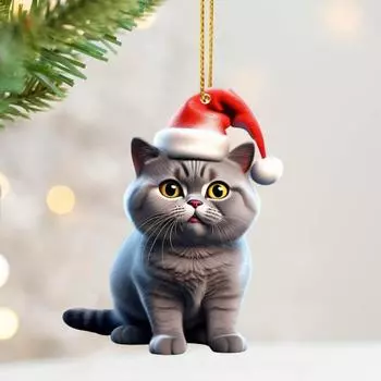 Подвеска Yousheng Christmas Cat, акриловая шапка Санты, мультяшный кот, подвесное украшение, брелок для ключей, подвеска в виде котенка, украшение на рождественскую елку, подарок для любителей кошек A
