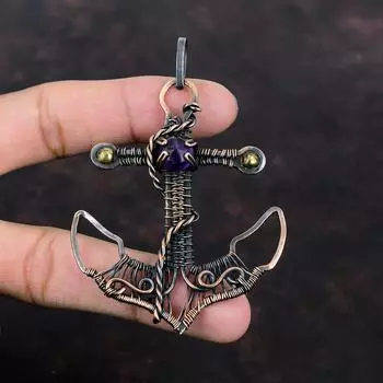 Подвеска «Звездный аметист», подвеска из медной проволоки, подвеска «Якорь», медные украшения, подвеска из натурального драгоценного камня, ручная работа, проволочные украшения, подарок для нее