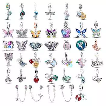 Подвески-бабочки подходят для браслетов Хамелеон Светлячок 925 серебро Стрекоза Божья коровка Пчела Бусины DIY Изготовление ювелирных изделий PJT512