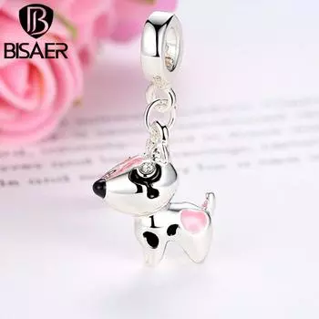 Подвески BISAER с розовым сердечком и собакой в виде животных, подходят для браслета, ожерелья, женские милые бусины и изготовление ювелирных изделий Pendant