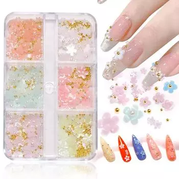 Подвески-цветы для ногтей, меняющие свет, 1 коробка, 6 сеток, пластиковый цветочный дизайн ногтей, пятилепестковый цветок, маленький белый лепесток