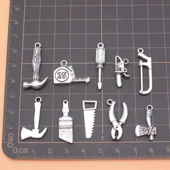 Подвески для изготовления ювелирных изделий, инструменты, молотковая пила, отвертка, топор, щетка, рулетка, плоскогубцы, компоненты, персонализированные, 10 шт./компл.