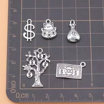 Подвески для изготовления ювелирных изделий, сумка для денег, долларовая купюра, счастливый кот, денежное дерево, кулон для сотового телефона, ручная работа, 5 шт./компл.