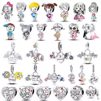 Подвески для маленьких девочек и мальчиков, модные оригинальные браслеты, серебро 925 пробы, бусина для счастливой семьи, сестры, кулон для дочери, ювелирное изделие, подарок SEC853