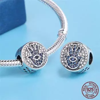 Подвески для рук, оригинальные серебряные бусины с голубыми глазами Фатимы, подходят к оригинальному браслету, ювелирные изделия