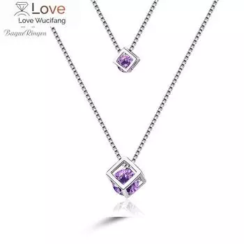 Подвески Двойное ожерелье для женщин Серебро 925 Ювелирные изделия Драгоценные камни Аметист Циркон Кубик Рубика Подвеска Ключичная цепочка белый