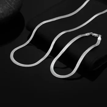 Подвески из серебра 925 пробы, 4 мм, плоские браслеты-цепочки, шейный комплект для женщин, модные вечерние, свадебные, благородные комплекты ювелирных изделий, подарки 45cm and 20cm серебряный