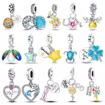 Подвески из серебра 925 пробы, Серебристые звезды, цветы, подвески в виде насекомых, подходят для браслета с бусинами, женские модные украшения