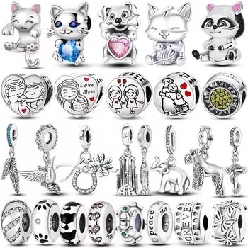 Подвески из стерлингового серебра 925 пробы, бусины с милыми кошками, домашними животными, висячие подвески в форме сердца с любовью, зажим, стопор, подходят для браслета, ожерелья, ювелирные изделия «сделай сам»