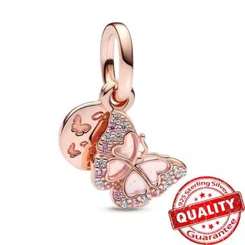 Подвески из стерлингового серебра 925 пробы, подходят для браслета, розовая бабочка и цитата, двойной висячий шарм для женщин, изысканные ювелирные изделия своими руками, подарки