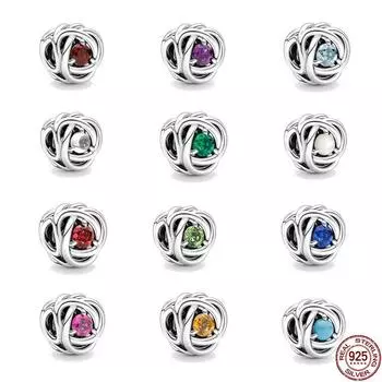 Подвески из стерлингового серебра 925 пробы с камнем на 12 месяцев, с подвеской в виде круга вечности, подходят для оригинального браслета с бусинами, ювелирные украшения