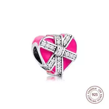 Подвески «Подарки любви» из стерлингового серебра 925 пробы с пурпурной эмалью и прозрачными бусами из фианита для женщин Изготовление ювелирных изделий Подходит для оригинальных браслетов perles