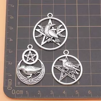 Подвески, принадлежности для изготовления ювелирных изделий, колдовство, пентакль, ворона, находки? Винтаж 3 шт./компл.