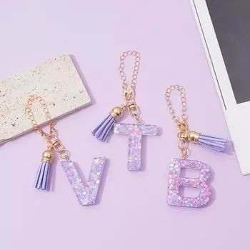 Подвески с буквами AZ, фиолетовые кисточки, звездочки, блестки, брелок с буквами, персонализированная ручка, подвеска для женской сумки, аксессуары T