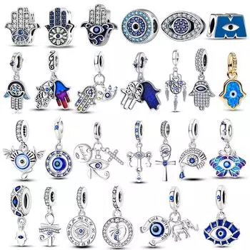Подвески с голубыми глазами, подходят для браслетов, серебро 925 пробы, бусины со злыми глазами, подвеска в виде руки Фатимы, турецкие ювелирные изделия с глазом дьявола SEC938
