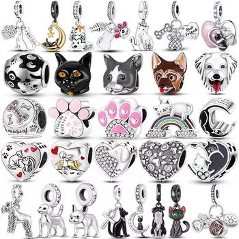 Подвески с милыми собаками и кошками, серебро S925, оригинальный браслет, бусины с принтом лапы домашнего животного для изготовления браслетов своими руками