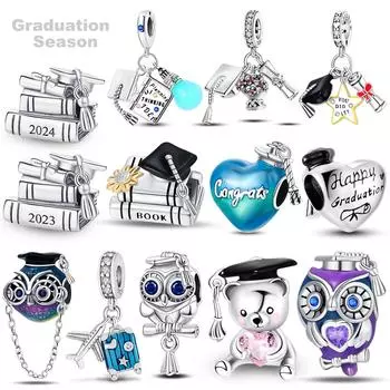 Подвески «Счастливый выпускной» из бисера S925, серебряная шапка бакалавра с совой, висячая, подходит для оригинального браслета, ювелирные изделия, подарок однокласснику