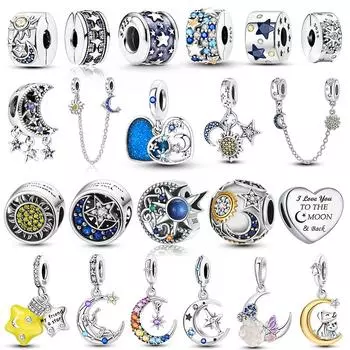 Подвески со звездой, луной и солнцем, подходят для модных оригинальных браслетов, серебро 925 пробы, циркон, сверкающие бусины в виде звездного неба, светятся в темноте, очаровательные ювелирные изделия SEC339