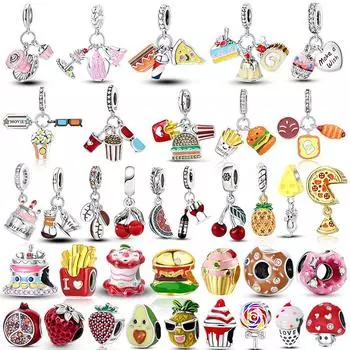 Подвески в виде гамбургера с едой, подходят для браслетов, серебро 925 пробы, циркон, торт, картофель фри, бусины, чашка кофе, подвески, ювелирные изделия «сделай сам» PJT940