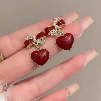 Подвески в виде винно-красного сердца, женские висячие серьги со стразами и бантом, топ с искусственным жемчугом, корейские элегантные вечерние украшения для ушей