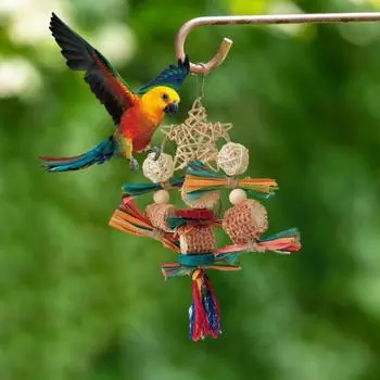 Подвесная игрушка-попугай из кукурузного початка, натуральный ротанговый шар, Звезда, кукурузная шелуха, разноцветная деревянная щепка, корелла