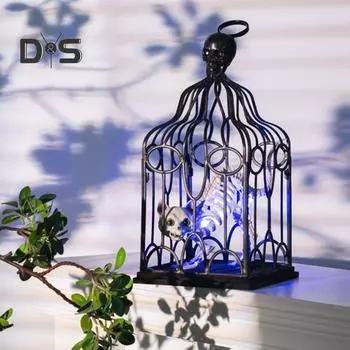 Подвесная клетка на Хэллоуин, светящийся скелет кошки в клетке, реалистичная жуткая подвеска в виде клетки со светодиодной подсветкой, подвесной декор для дома с привидениями, украшения на Хэллоуин чёрный