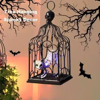 Подвесная клетка на Хэллоуин, светящийся скелет кошки в клетке, реалистичная жуткая подвеска-клетка со светодиодной подсветкой