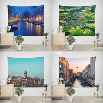 Подвесная ткань для проживания в семье в скандинавском стиле, старинный шарм, роспись для украшения комнаты в маленьком городке, оконный пейзаж, гобелен, ремонт общежития, настенная ткань 150*100